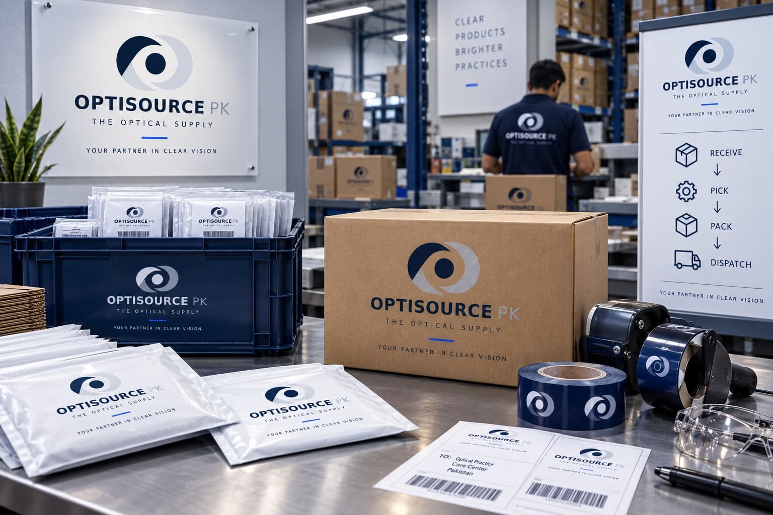 Packing station in the OptiSource PK warehouse, with sealed cartons and mailers beside a receive, pick, pack, dispatch board